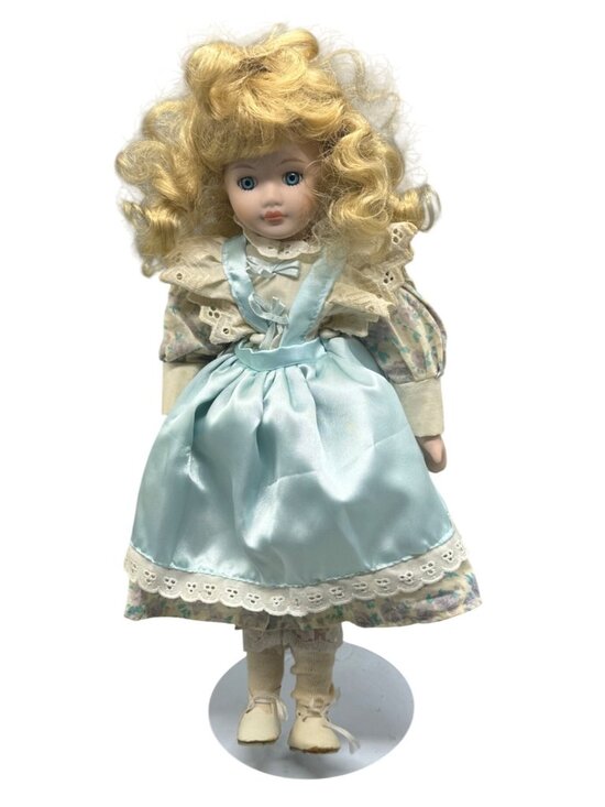 Vintage Porcelain Doll Blonde Curly Hair Blue Eyes Dress Lace Trim Figurine READ - Picture 1 of 11